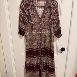 Massimo Dutti Burgundy and Cream Maxi Dress